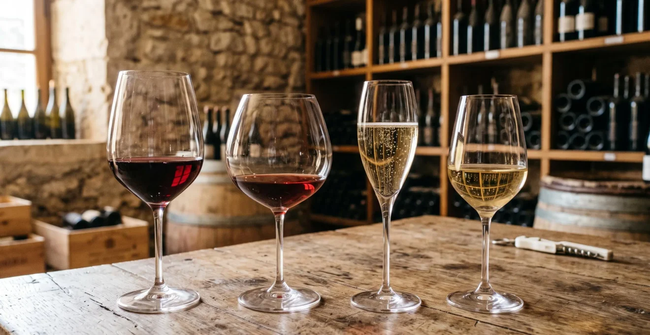 Collection de verres à vin de différentes formes (ballon large type Bordeaux, ballon évasé type Bourgogne, flûte à champagne, tulipe) remplis de vins rouges, blancs et effervescents, disposés sur une table en bois dans un environnement de dégustation.