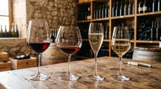 Collection de verres à vin de différentes formes (ballon large type Bordeaux, ballon évasé type Bourgogne, flûte à champagne, tulipe) remplis de vins rouges, blancs et effervescents, disposés sur une table en bois dans un environnement de dégustation.