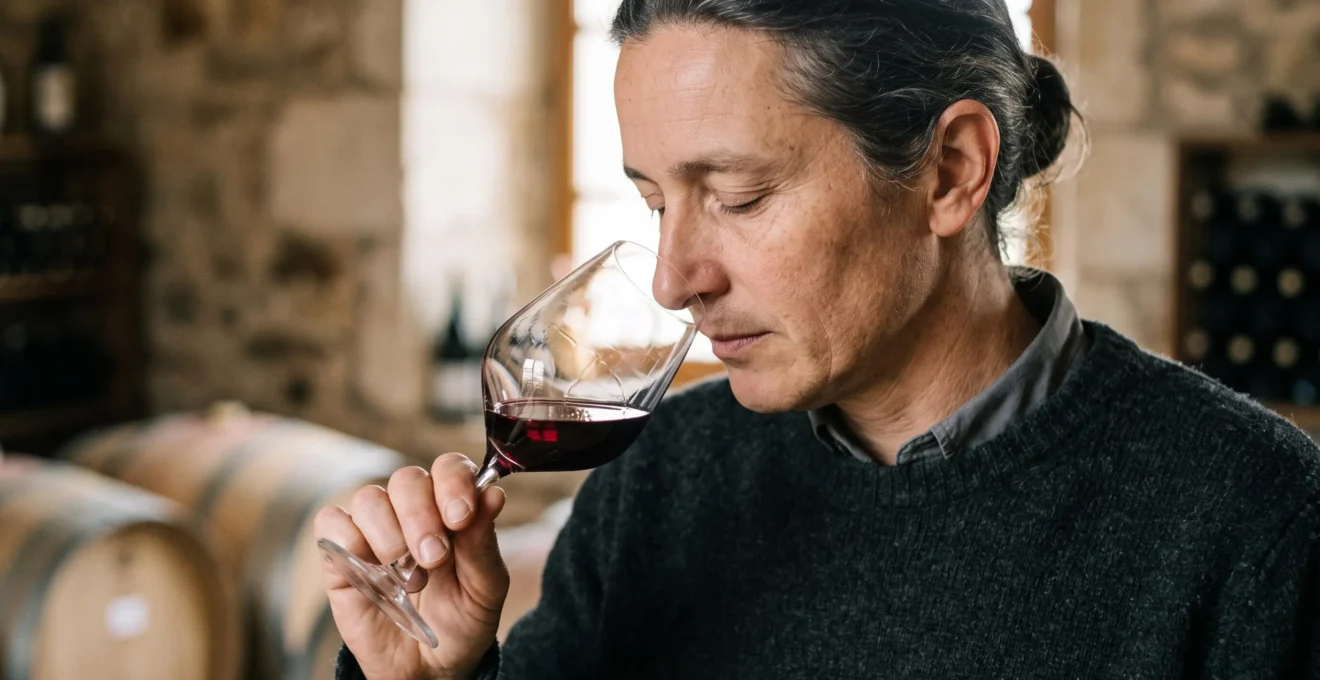Personne concentrée sentant les arômes d'un verre de vin rouge, le nez positionné au-dessus de l'ouverture du verre, yeux fermés pour mieux percevoir les effluves.