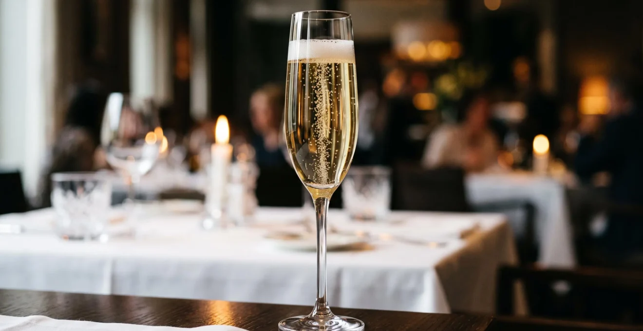 Flûte à champagne remplie de vin effervescent montrant la montée continue et régulière des bulles depuis le fond du verre jusqu'à la surface.