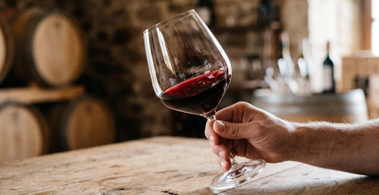 Verre à vin rouge de type Bordeaux au large ballon tenu par une main, le vin étant doucement tourné dans le verre pour favoriser l'oxygénation et libérer les arômes.